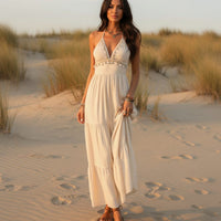 Boho Beach Hut Maxi Dress, Chic Dress, Boho Dress, Summer Dress, White Dress Boho Halter V-Neck Open Back Maxi Dress Off White / S