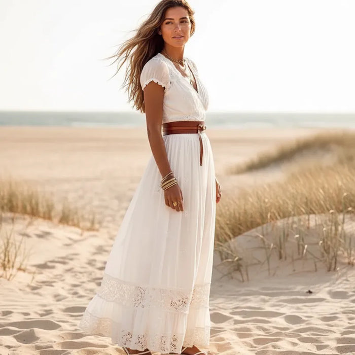 Boho Beach Hut Maxi Dress, Chic Dress, Boho Dress, Summer Dress, White Dress Boho White Lace Embroidered Maxi Dress