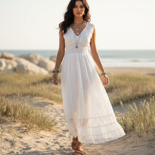 Maxi Dress Embroidered Cotton Lace Boho White