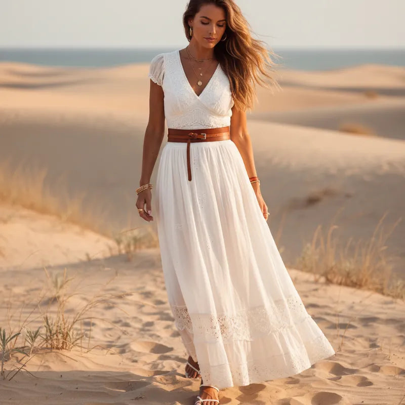 Boho White Lace Embroidered Maxi Dress
