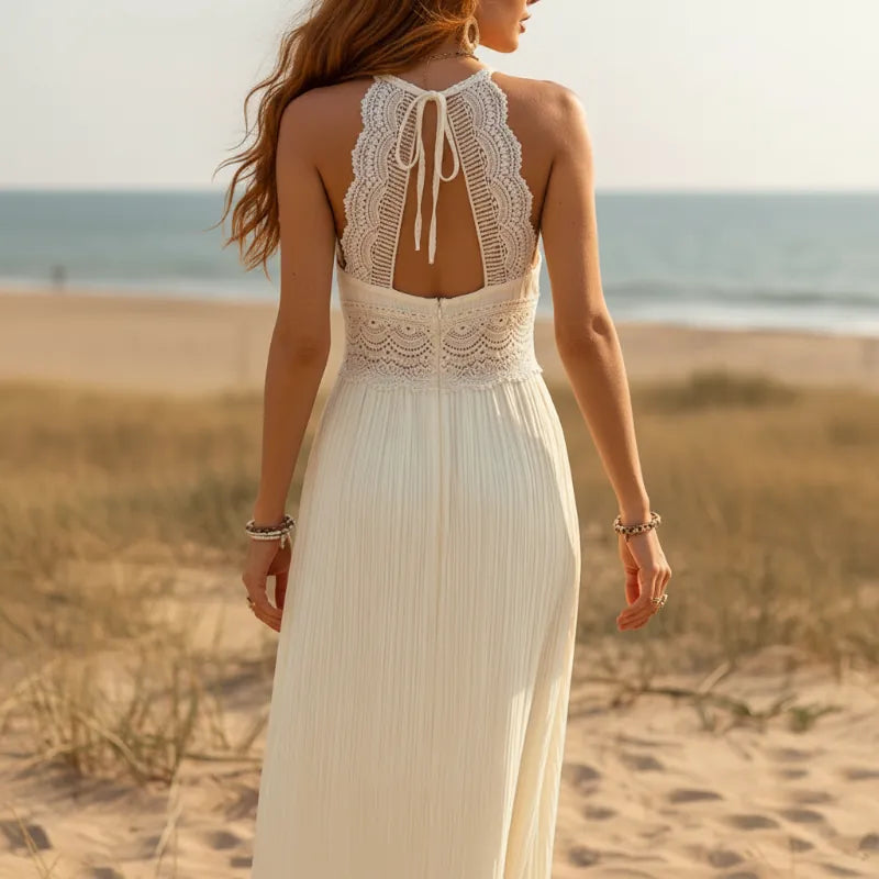 Off White Lace Backless Boho Maxi Dress Off White / M