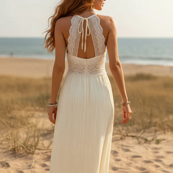 Boho Beach Hut Maxi Dress, Chic Dress, Boho Dress, Summer Dress, White Dress Off White Lace Backless Boho Maxi Dress
