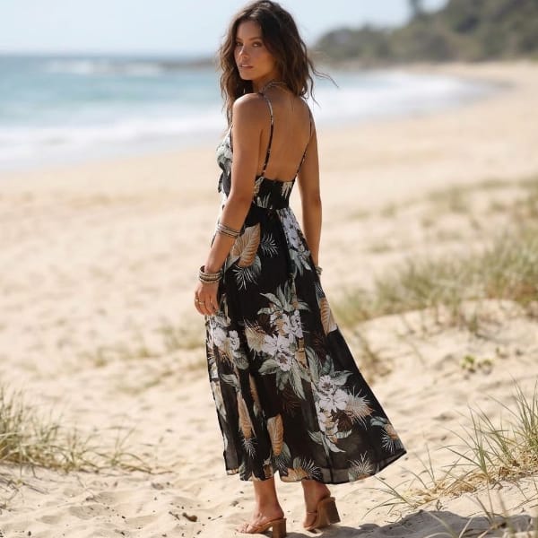 Back view of a black tropical floral maxi dress featuring a low open back, thin spaghetti straps, and a flowing A-line skirt.