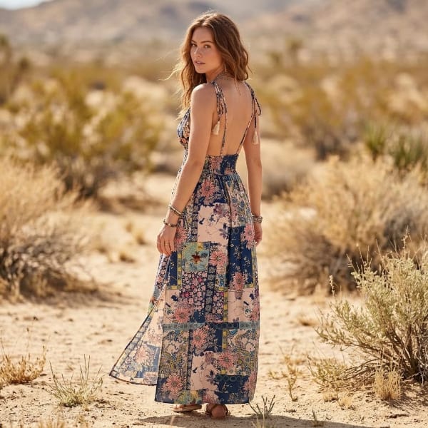 Back view of a floral patchwork maxi dress featuring adjustable spaghetti straps, an open back, smocked waist, and flowing skirt.