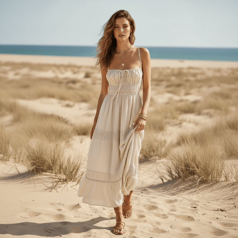 Woman wearing a cream white boho backless tie-back maxi dress with an open back, flowing A-line silhouette, elastic waist, and ankle-length hem on the beach.
