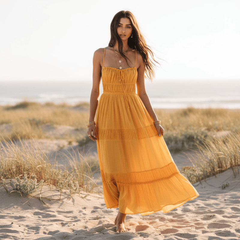Woman wearing an orange boho backless tie-back maxi dress with an open back, flowing A-line silhouette, elastic waist, and ankle-length hem on the beach.