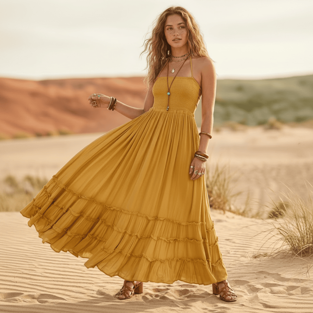 Maxi Dress Off White Open Back Halter Rayon Cotton