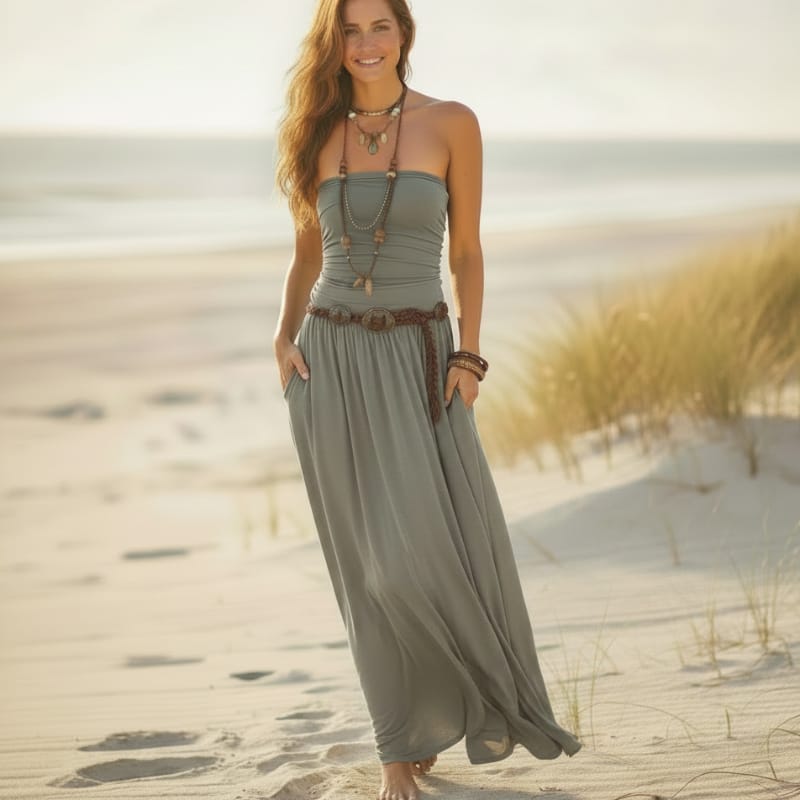 Boho Beach Hut Maxi Dress, Summer Dress Boho Chic Bandeau Off Shoulder Maxi Dress Gray / S