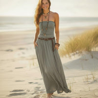 Boho Beach Hut Maxi Dress, Summer Dress Boho Chic Bandeau Off Shoulder Maxi Dress Gray / S