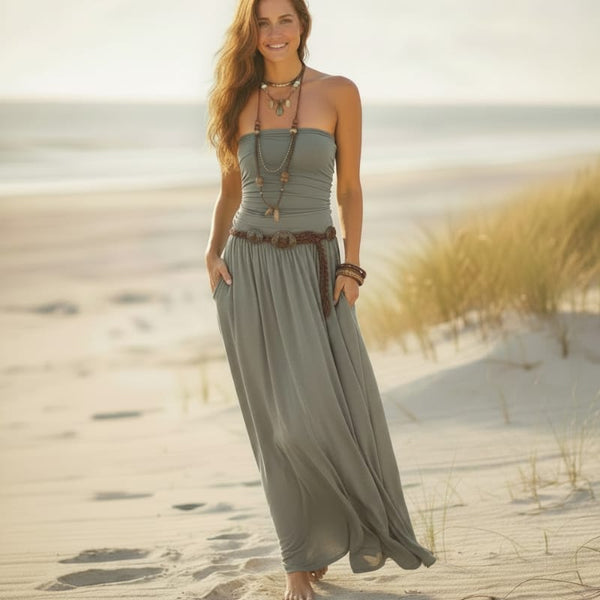 Boho Beach Hut Maxi Dress, Summer Dress Boho Chic Bandeau Off Shoulder Maxi Dress Gray / S