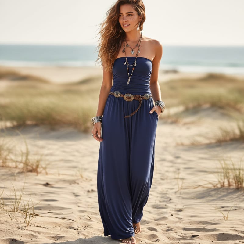 Boho Bandeau Maxi Dress – Strapless Off-Shoulder Fit & Flare Dress in Navy Blue - Women's Boho Fashion Flared, Empire Waist, A-line