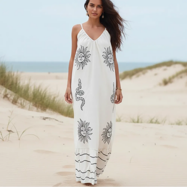Boho Beach Hut Maxi Dress, Sundress Boho Floral Maxi Sundress Black / S
