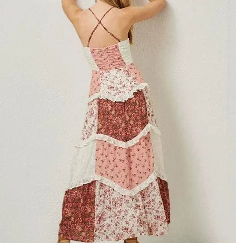 Boho Beach Hut Maxi Dress, Sundress Boho Patchwork Strapless Maxi Dress