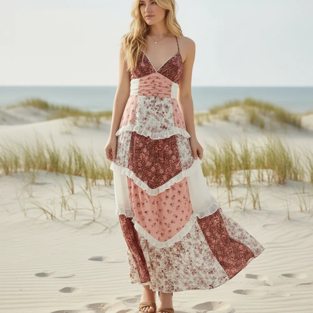 Pink floral patchwork maxi dress with spaghetti straps, V-neck, empire waist and cascading ruffle skirt
