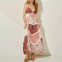 Boho Beach Hut Maxi Dress, Sundress Boho Patchwork Strapless Maxi Dress Pink / S