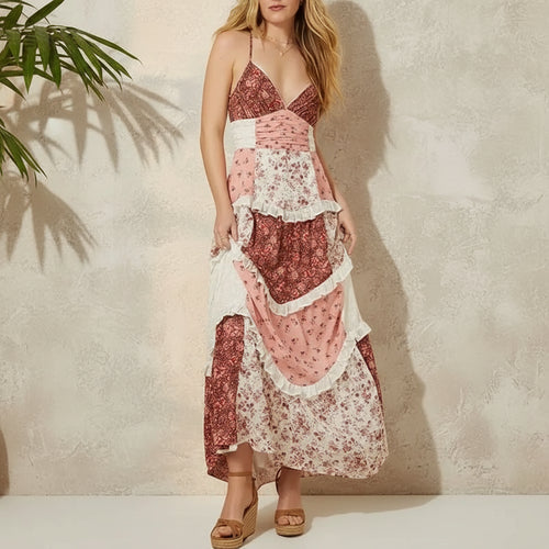 Boho Beach Hut Maxi Dress, Sundress Boho Patchwork Strapless Maxi Dress Pink / S