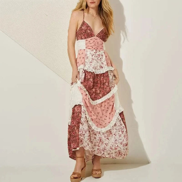 Boho Beach Hut Maxi Dress, Sundress Boho Patchwork Strapless Maxi Dress Pink / S