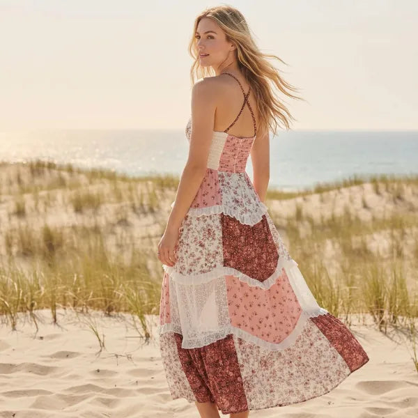 Boho Beach Hut Maxi Dress, Sundress Pink Floral Patchwork Maxi Dress