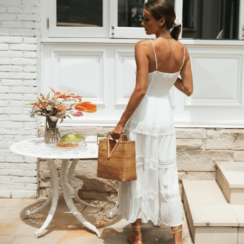 Boho Beach Hut Maxi Dress, White dress Spaghetti Strap White Long Summer Dress