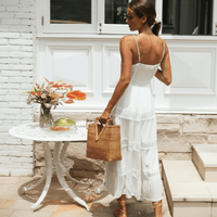 Spaghetti Strap White Summer Maxi Dress Boho Long Flowy Sundress in White | Women's Boho Fashion | XL | Viscose, Cotton Spaghetti Strap White Summer Maxi Dress Boho Long Flowy Sundress in White | Women's Boho Fashion | XL | Viscose, Cotton