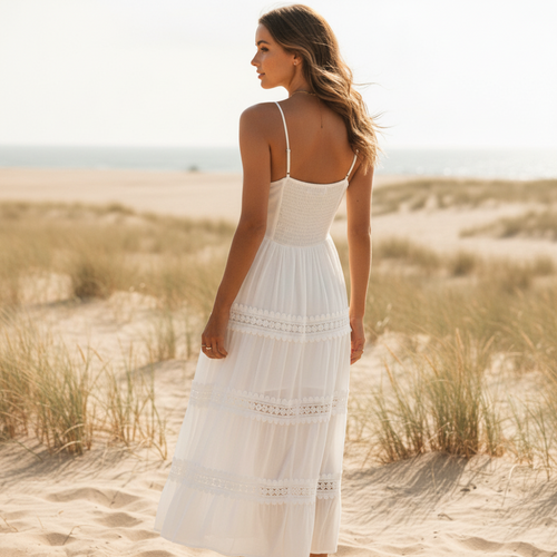 Boho Beach Hut Maxi Dress, White dress Spaghetti Strap White Long Summer Dress