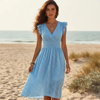 Boho Beach Hut Midi Dress, Chic Dress, Boho Dress, Summer Dress, White Dress Boho Eyelet Lace Midi Dress Light Blue / S