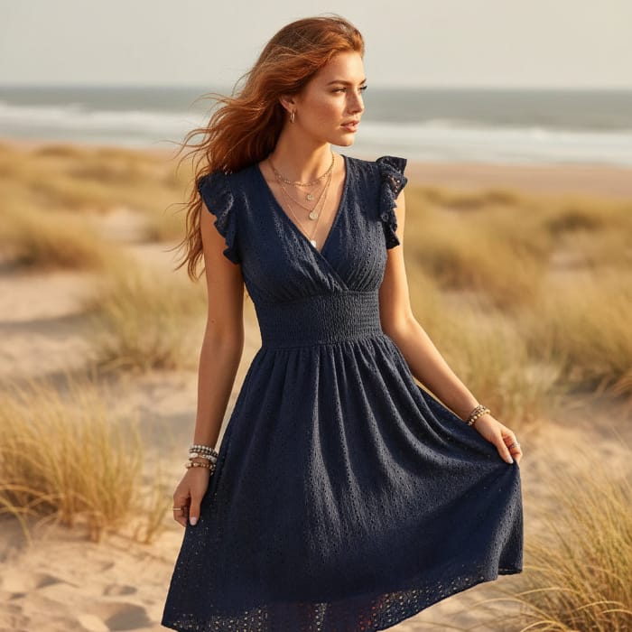Boho Beach Hut Midi Dress, Chic Dress, Boho Dress, Summer Dress, White Dress Boho Eyelet Lace Midi Dress Navy Blue / S