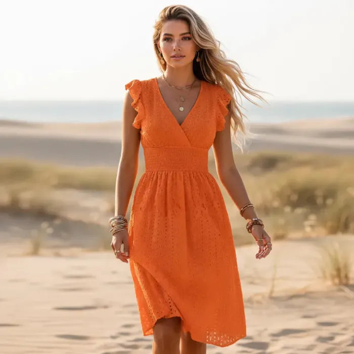 Boho Eyelet Lace Midi Dress | Sleeveless V Neck Summer Dress in White | Women's Boho Fashion | L