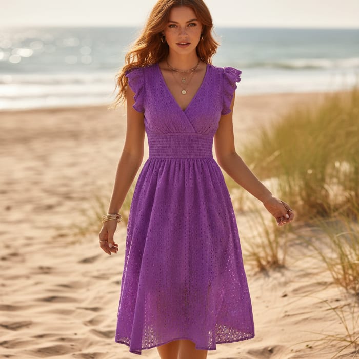 Boho Beach Hut Midi Dress, Chic Dress, Boho Dress, Summer Dress, White Dress Boho Eyelet Lace Midi Dress Purple / S