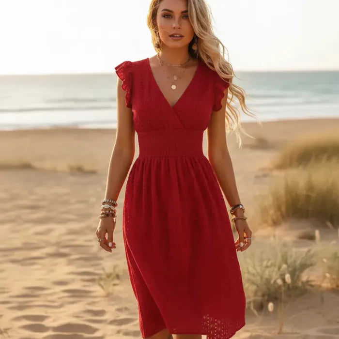 Boho Eyelet Lace Midi Dress