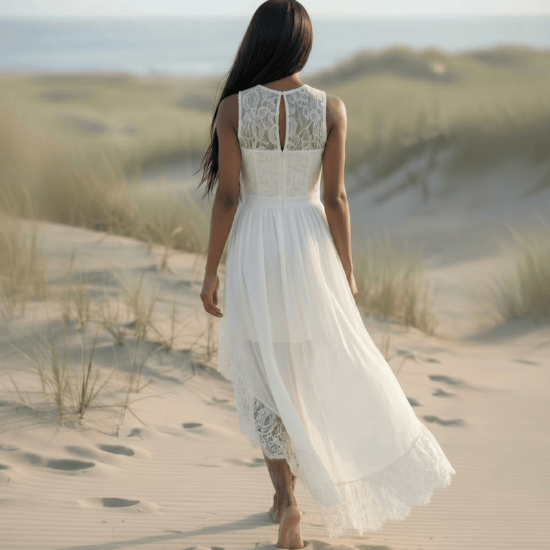 Boho Lace Hollow-Out Midi Dress | White Beach Dress for Women in Off White - Women's Boho Fashion A-line, Flared