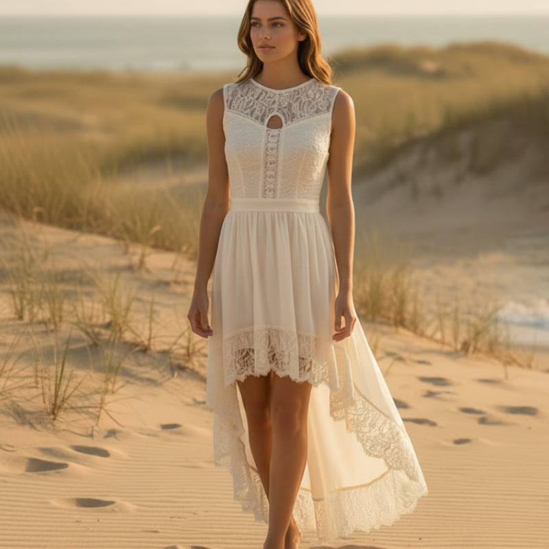Boho Beach Hut Midi Dress, Chic Dress, Boho Dress, Summer Dress, White Dress Boho Lace Hollow-Out Midi Dress Off White / S