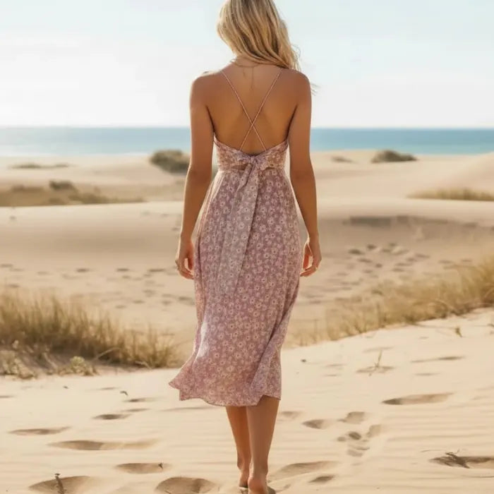 Midi Dress Floral Tie Back Sleeveless Boho Pink