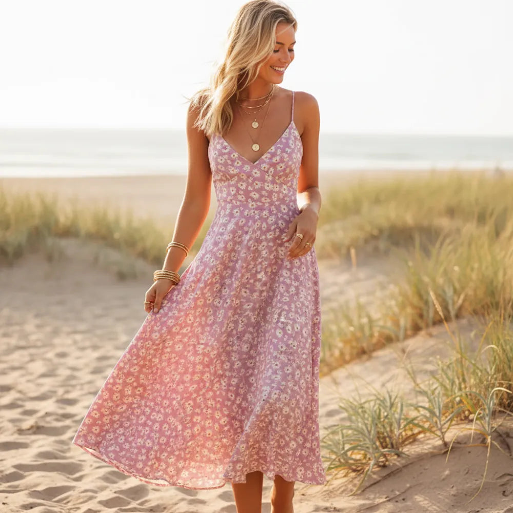 Boho Beach Hut Midi Dress, Summer Dress, Floral Midi Dress Boho Floral Tie Back Midi Sundress Pink / S