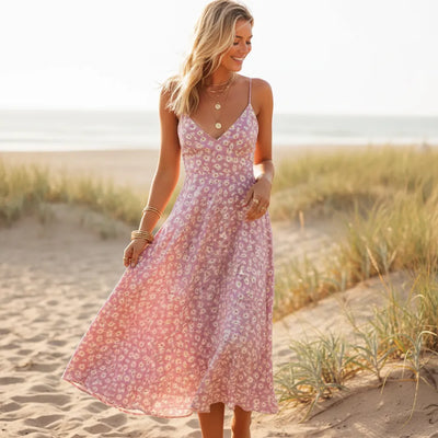 Boho Beach Hut Midi Dress, Summer Dress, Floral Midi Dress Boho Floral Tie Back Midi Sundress Pink / S