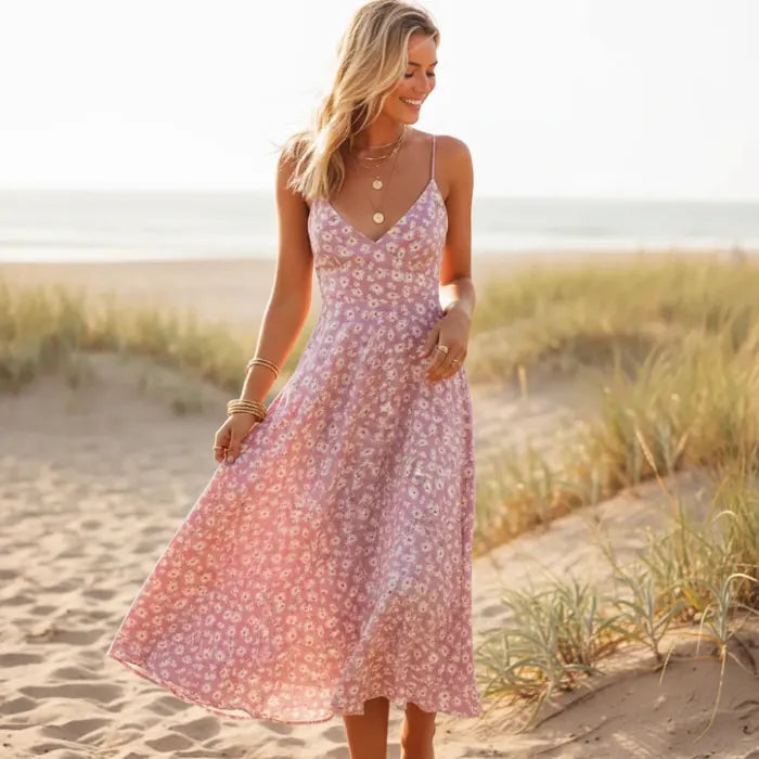 Pink Boho Floral Tie Back Midi Dress – Sleeveless Summer Sundress