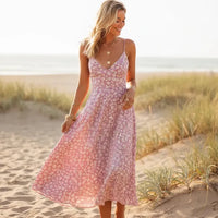 Boho Beach Hut Midi Dress, Summer Dress, Floral Midi Dress Boho Floral Tie Back Midi Sundress Pink / S