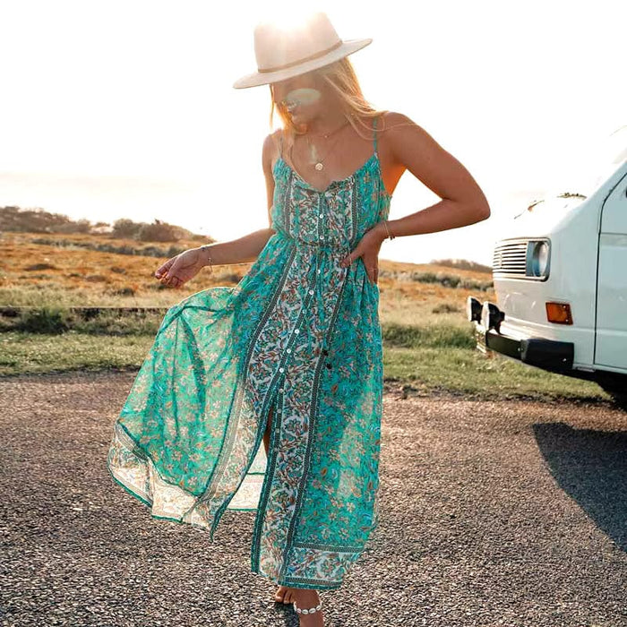 Boho Beach Hut Midi Dress, Sundress, Floral Dress Floral Print Sleeveless Midi Dress