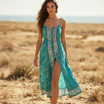 Boho Beach Hut Midi Dress, Sundress, Floral Dress Floral Print Sleeveless Midi Dress Green / S