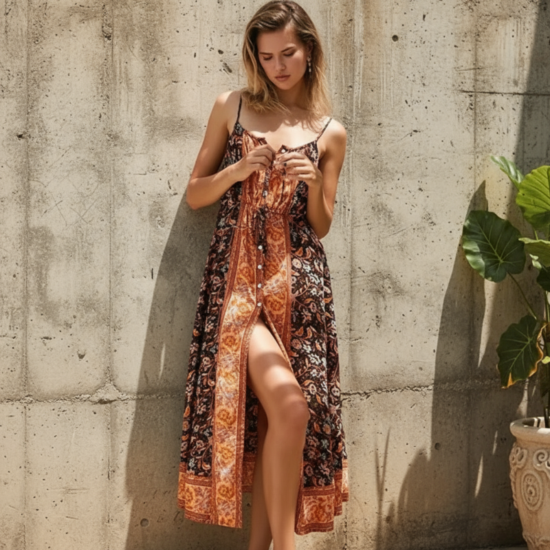 Boho Floral Sleeveless Midi Dress – Flowy Summer Sundress – Boho