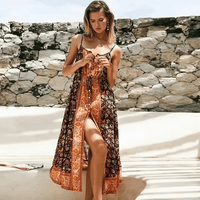 Boho Beach Hut Midi Dress, Sundress, Floral Dress Floral Print Sleeveless Midi Dress Orange / S