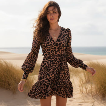 Boho Beach Hut Mini Dress, Chic Dress, Boho Dress, Summer Dress Boho V-Neck Printed Mini Dress Leopard / S