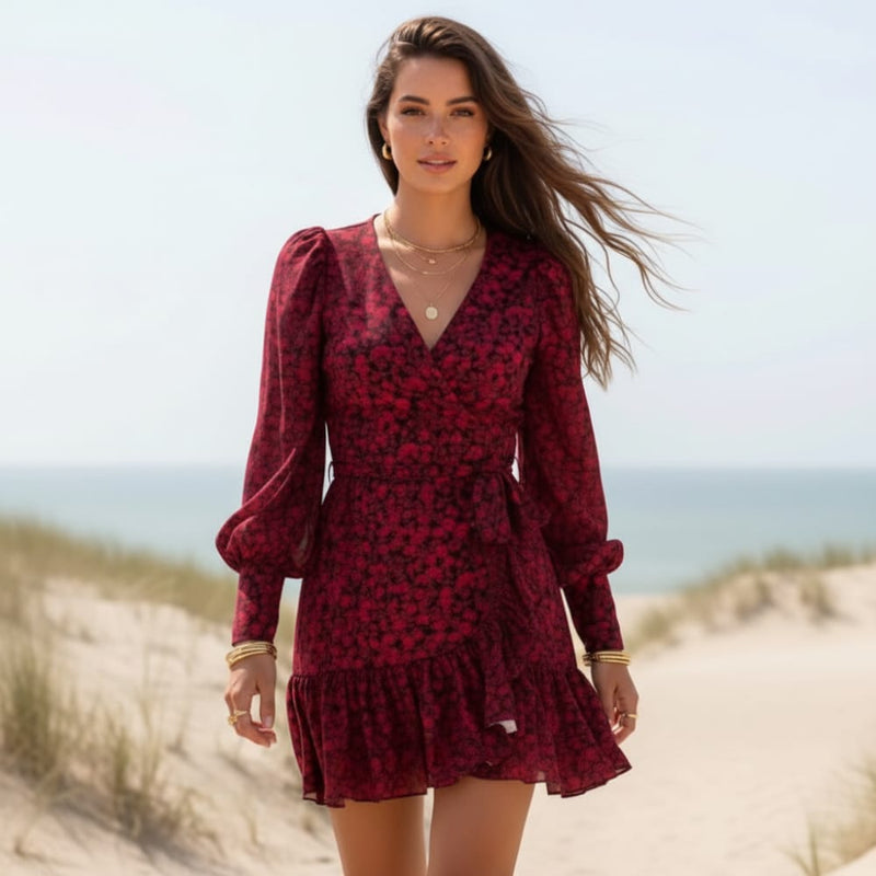 Boho V-Neck Mini Dress Long Sleeve Printed A-Line Empire Waist Dress in Red | Women's Boho Fashion | S | Polyester Female Adults Boho V-Neck Mini Dress Long Sleeve Printed A-Line Empire Waist Dress in Red | Women's Boho Fashion | S | Polyester Female Adults