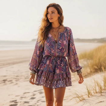 Boho Beach Hut Mini Dress, Summer Dress Boho Chic Floral Print Mini Dress Purple / S