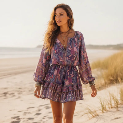 Boho Beach Hut Mini Dress, Summer Dress Boho Chic Floral Print Mini Dress Purple / S