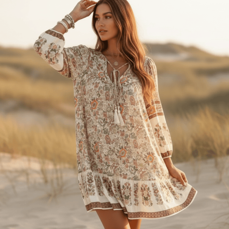 boho beige dress Suede Light Beige Mini Dress, Boho Dress By Goa Magic Fashion