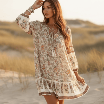 Boho Beach Hut Mini Dress, Summer Dress Boho Floral Mini Dress Off White / S