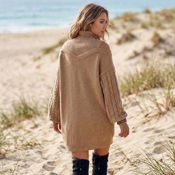 Back view of khaki cold shoulder sweater dress featuring a ribbed mock neck, cable-knit sleeves, and relaxed mini silhouette.