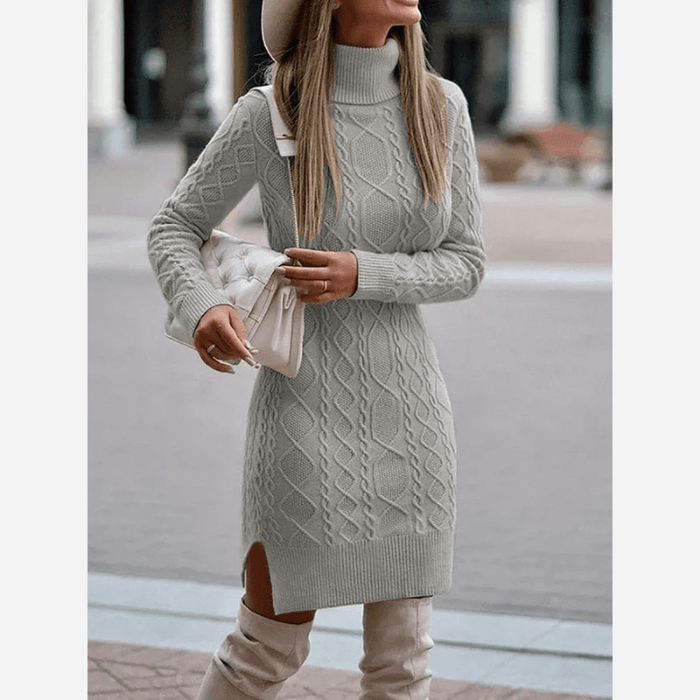 Boho Beach Hut Mini Dress, Winter Dress, Knit Dress, Turtleneck Dress Gray / S Boho Turtleneck Knit Sweater Dress
