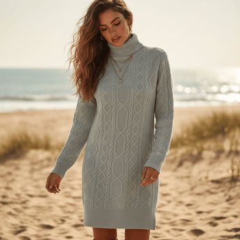 Boho Beach Hut Mini Dress, Winter Dress, Knit Dress, Turtleneck Dress Gray / S Boho Turtleneck Knit Sweater Dress